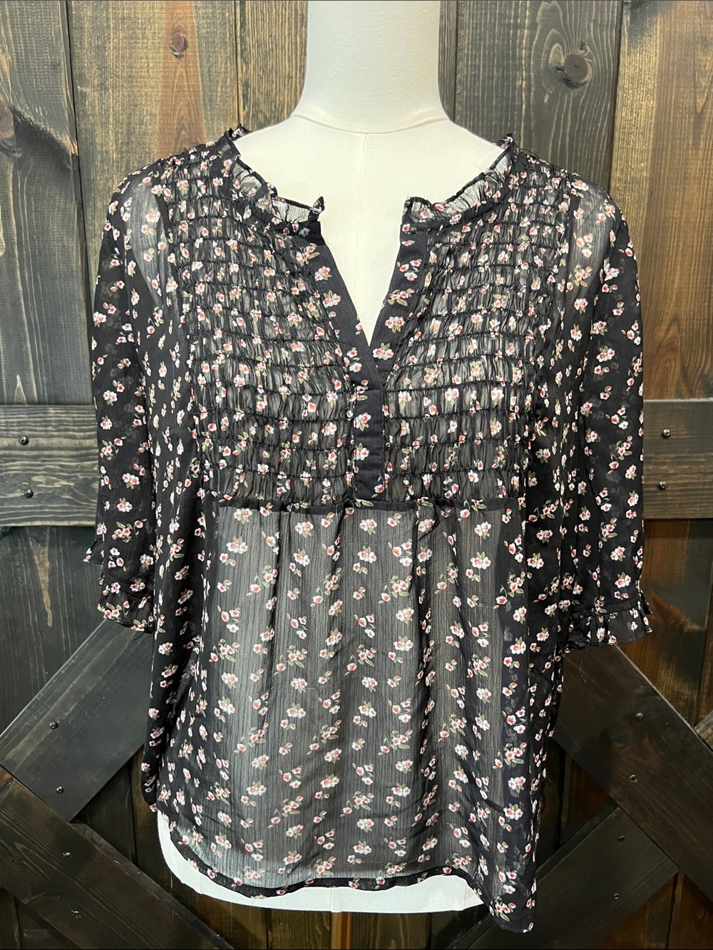 Natural Life Black Floral Smocked Chiffon Top L XL Sheer Ruffles Light Feel Boho
